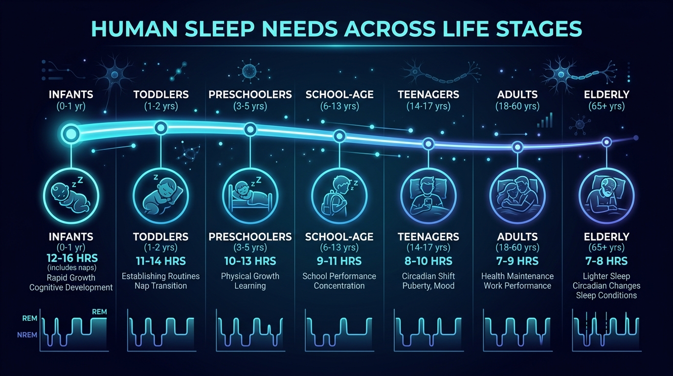 Medical infographic illustrating human sleep needs across life stages from infants to elderly